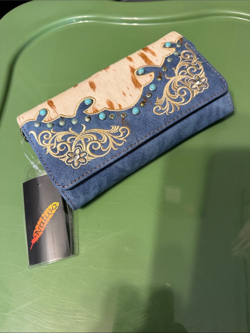 Embroidered Blue and Tan Western Wallet with Turquoise Accents
